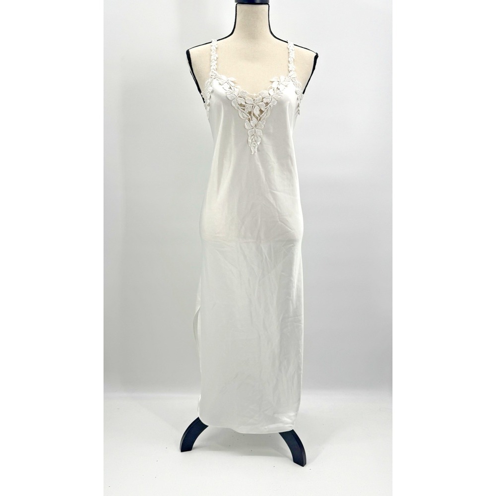 VTG 90s Dentelle Slip Dress Satin Medium Nightgown Chemise Embroidered Crochet